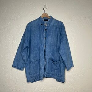 Eskandar Wide Denim Chambray Shirt Jacket Light Wash Cotton Size 0 Polish Made